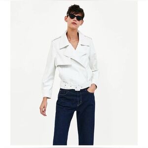 Zara White Faux Leather Moto Jacket Belted Oversized Lapel Medium
